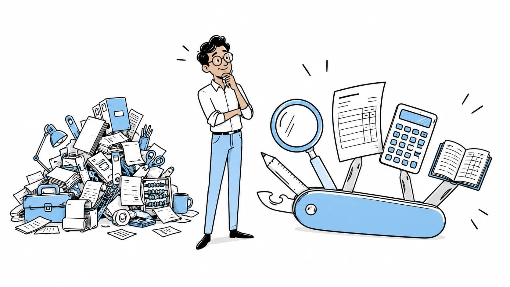 An accountant considers an all-in-one accounting toolkit beside a pile of separate tools