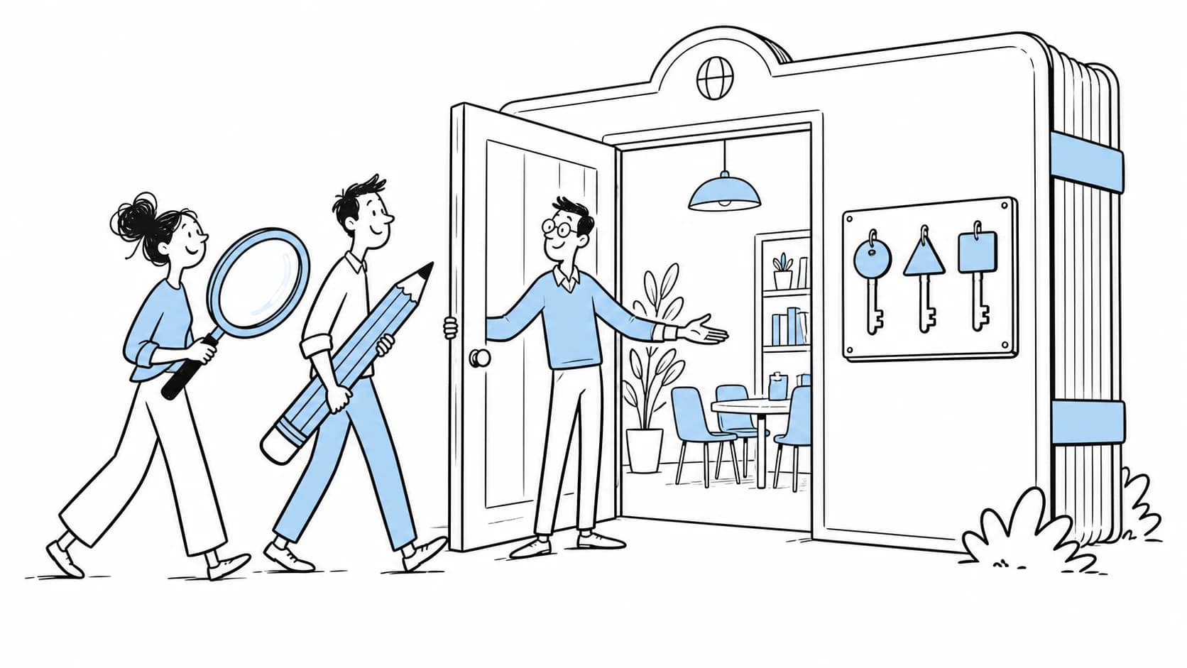 Teammates enter a ledger-shaped clubhouse with keys for different roles