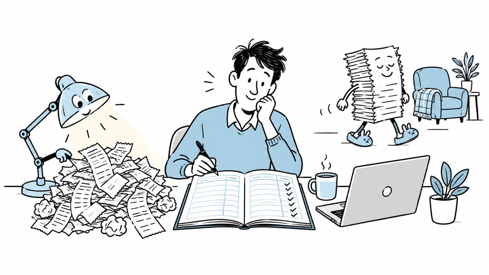 An accountant reviews a ledger with help from a friendly desk lamp