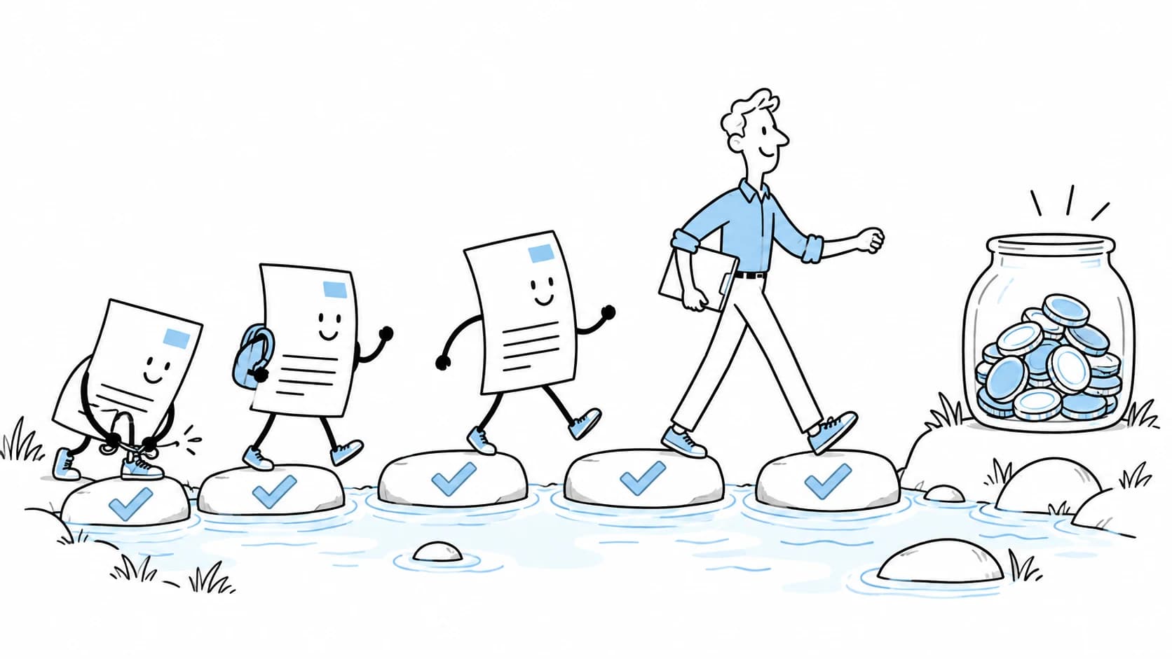 An accountant leads invoice characters across checkmarked stepping stones to a coin jar