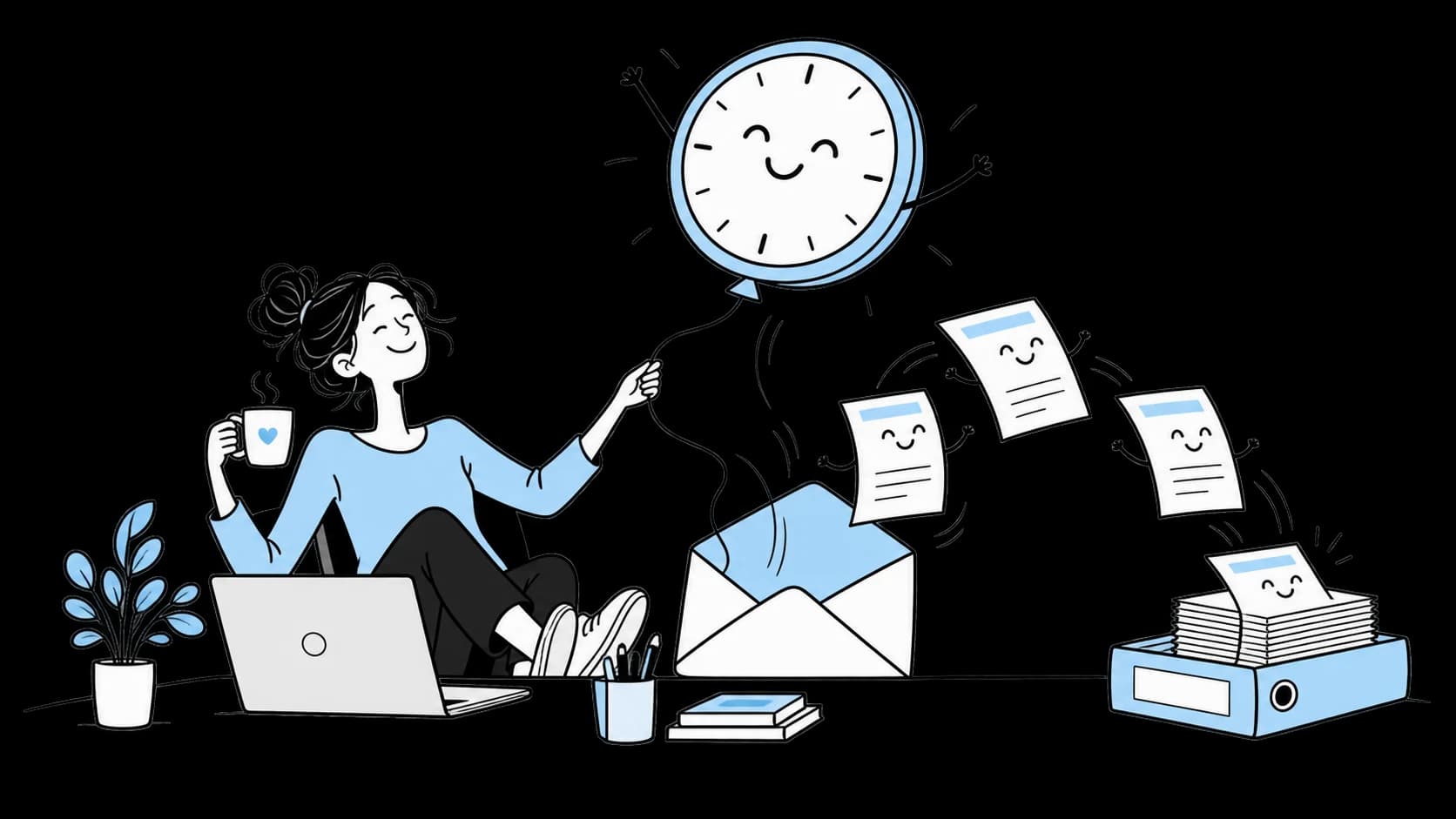 A finance professional enjoys tea while an inbox gives back time as a clock balloon