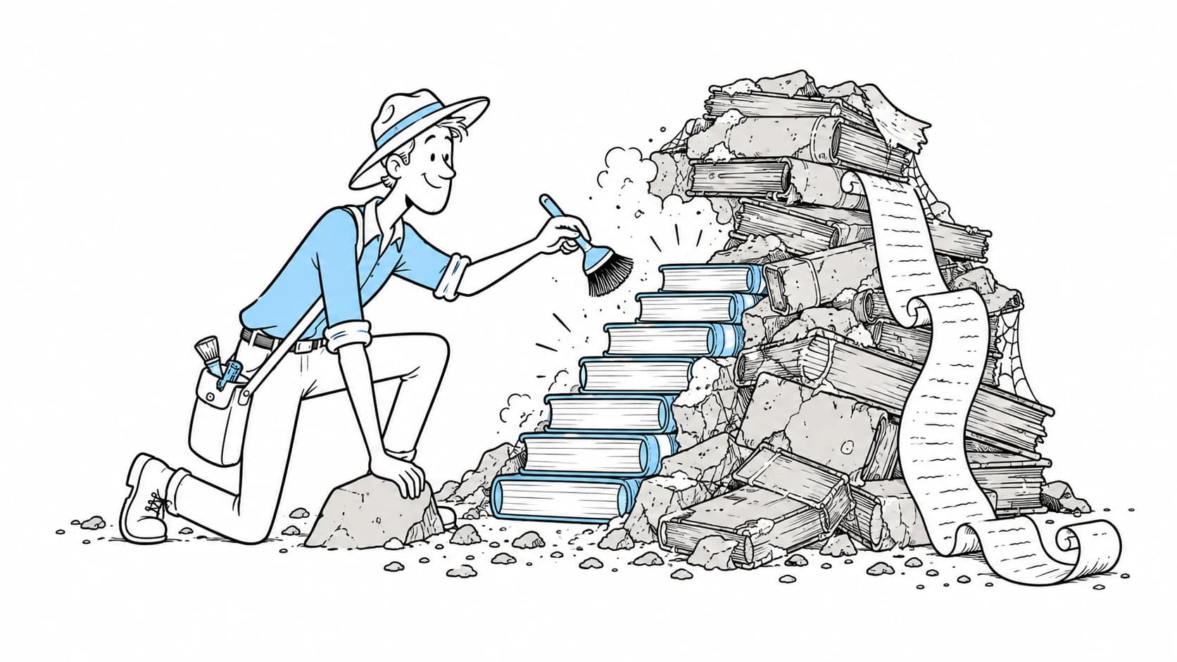 An accountant excavates old ledgers to reveal a tidy staircase of books