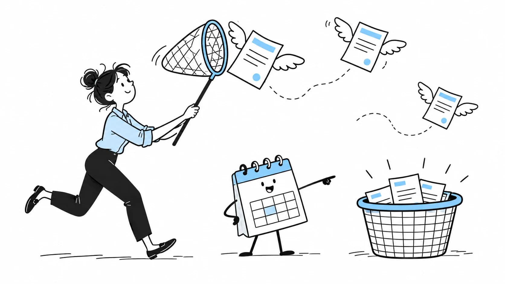 An accountant catches winged invoices with help from a cheerful calendar