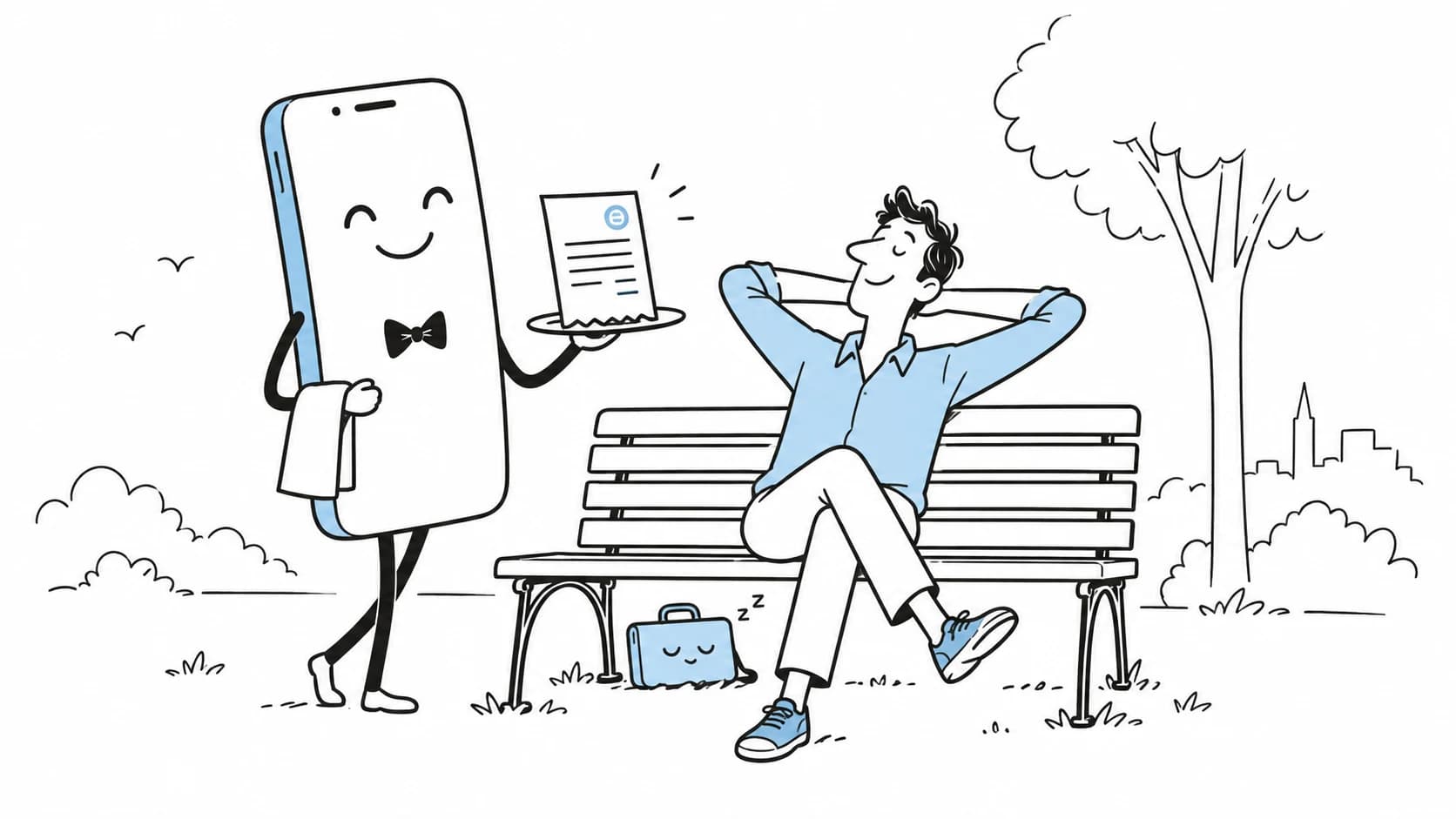 A smartphone butler serves an invoice to a business owner relaxing on a bench