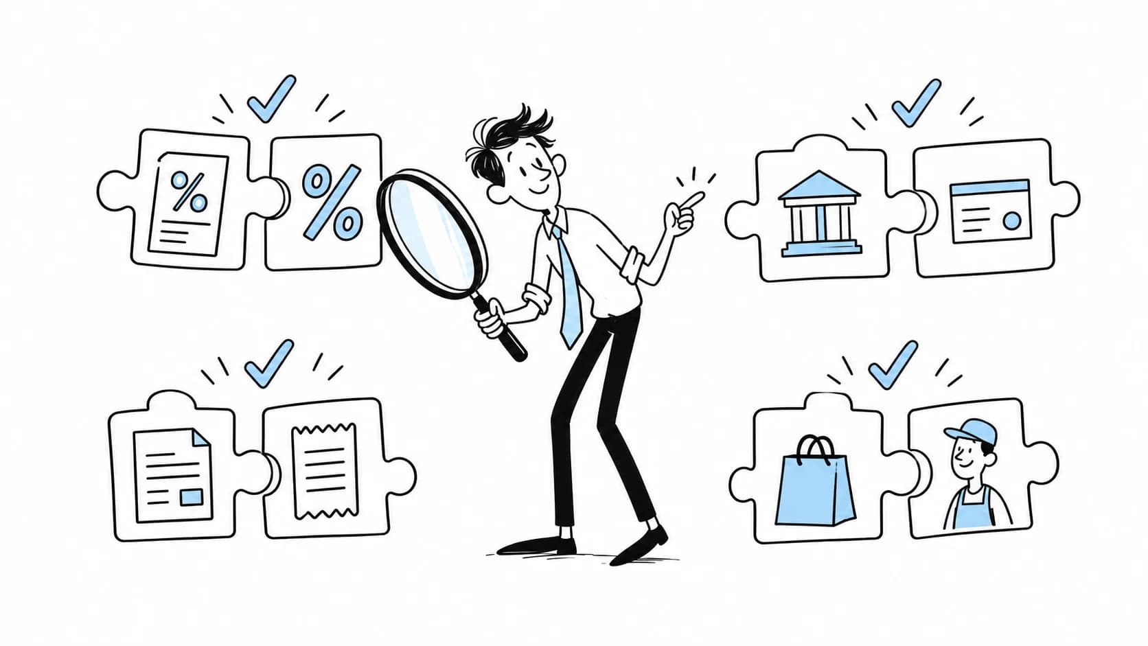 An accountant matches tax, bank, invoice, and vendor puzzle pieces