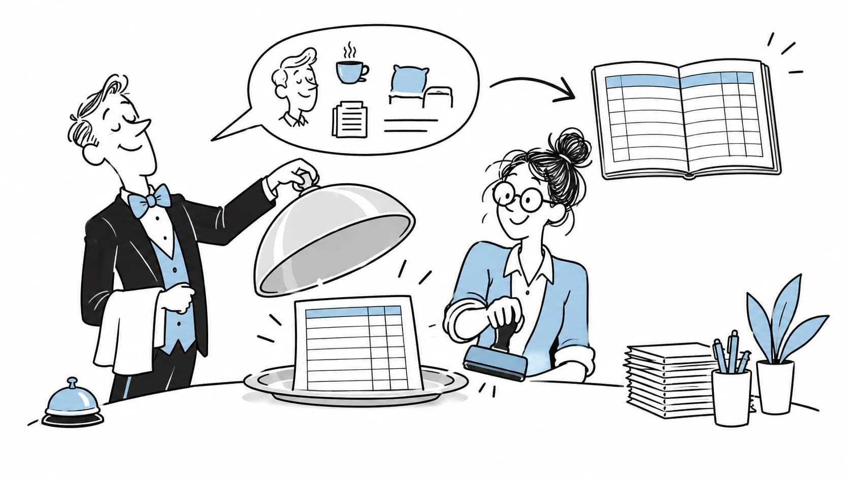 A hotel concierge serves an accounting entry while a colleague approves it