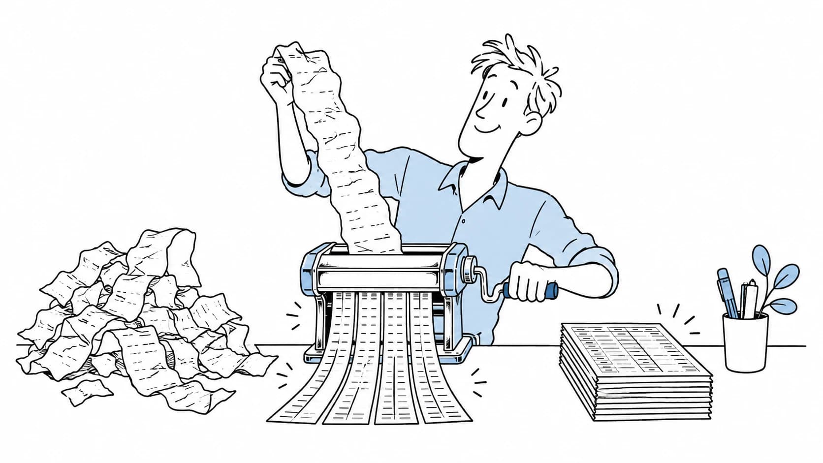 An accountant turns a crumpled receipt into neat ledger rows with a pasta machine